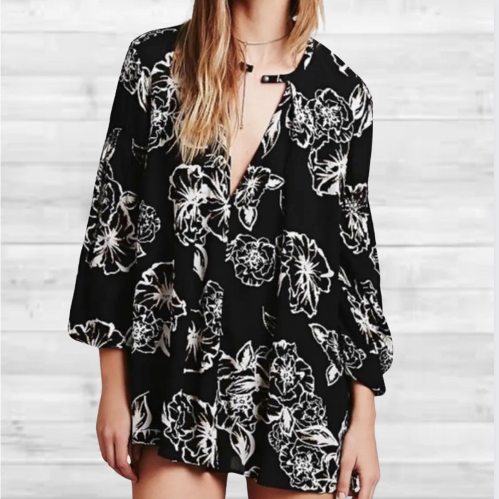 Free People Black Tunic Dress with White Floral Print - Picture 1 of 9